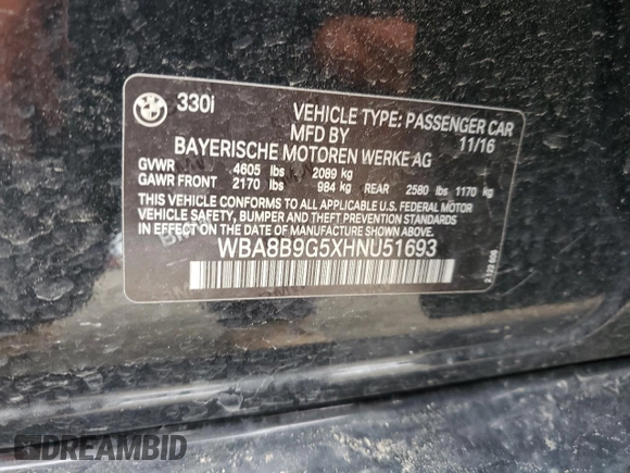 2017 BMW 3 Series 330i z VIN WBA8B9G5XHNU51693, wystawiony jako Copart lot #55161135 z przebiegiem 99 349 mil mil oraz Szkoda całkowita • Salvage title. Historia ofert i sprzedaży dostępna na DreamBid. Obrazek 12.