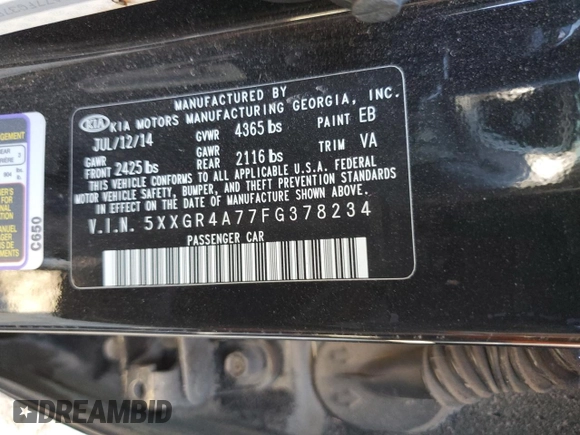 2015 Kia Optima SX with VIN 5XXGR4A77FG378234, listed as a Copart auction lot 56513525 with 110,523 mi miles and Clean title. Bid and sale history available at DreamBid. Image 12.