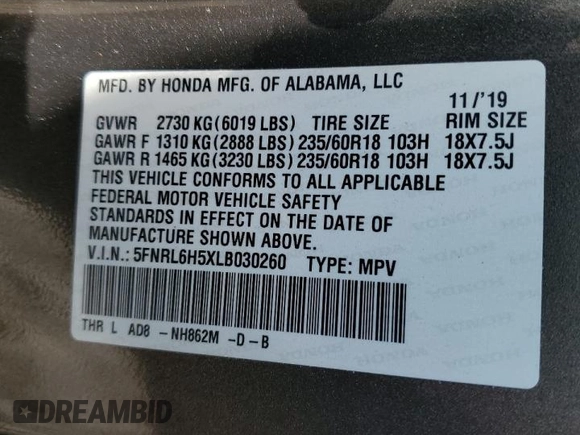 2020 Honda Odyssey EX with VIN 5FNRL6H5XLB030260, listed as a Copart auction lot 63416575 with 71,238 mi miles and Salvage title. Bid and sale history available at DreamBid. Image 13.