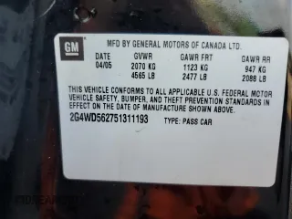 2005 Buick LaCrosse CXL z VIN 2G4WD562751311193, wystawiony jako Copart lot #56589965 z przebiegiem 80 512 mil mil oraz Tytuł czysty. Historia ofert i sprzedaży dostępna na DreamBid. Obrazek 12.