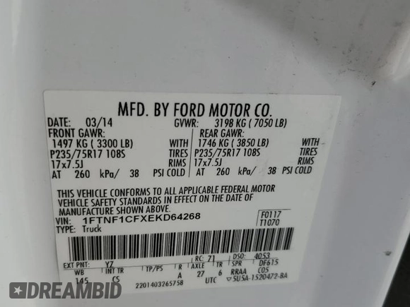 2014 Ford F-150 XL with VIN 1FTNF1CFXEKD64268, listed as a Copart auction lot 59562625 with 299,627 mi miles and Clean title. Bid and sale history available at DreamBid. Image 12.