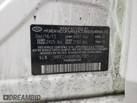 2014 Hyundai Sonata Limited with VIN 5NPEC4ABXEH867985, listed as a Copart auction lot 49975785 with 146,132 mi miles and Salvage Title. Bid and sale history available at DreamBid. Image 12.