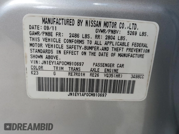 2012 Infiniti M Hybrid with VIN JN1EY1AP0CM910697, listed as a Copart auction lot 60821335 with 145,533 mi miles and Salvage title. Bid and sale history available at DreamBid. Image 12.