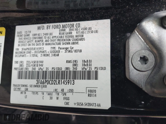 2020 Ford Fusion SEL с VIN 3FA6P0CD2LR145913, выставлен на аукционе IAAI как лот 42310012 с пробегом 121 168 миль миль и . История ставок и продаж доступна на DreamBid. Изображение 9.