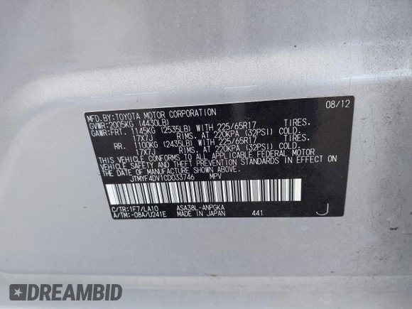 2012 Toyota RAV4 Limited with VIN JTMYF4DV1CD033746, listed as a IAAI auction lot 41982264 with 61,527 mi miles and . Bid and sale history available at DreamBid. Image 9.