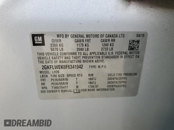 2015 GMC Terrain SLE с VIN 2GKFLWEK8F6341942, выставлен на аукционе Copart как лот 53573645 с пробегом 113 196 миль миль и Списание • Salvage title. История ставок и продаж доступна на DreamBid. Изображение 13.