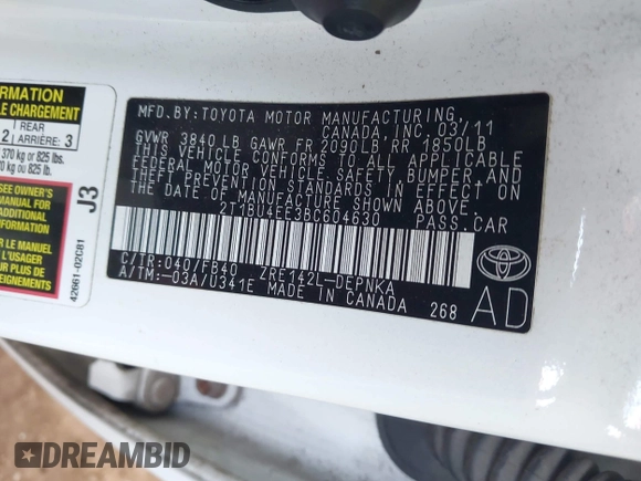 2011 Toyota Corolla L with VIN 2T1BU4EE3BC604630, listed as a IAAI auction lot 41986565 with 132,325 mi miles. Bid and sale history available at carsss.com. Image 9.