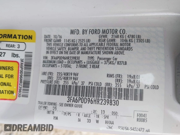 2017 Ford Fusion Titanium with VIN 3FA6P0D96HR239830, listed as a IAAI auction lot 42741998 with 116,951 mi miles and . Bid and sale history available at DreamBid. Image 9.