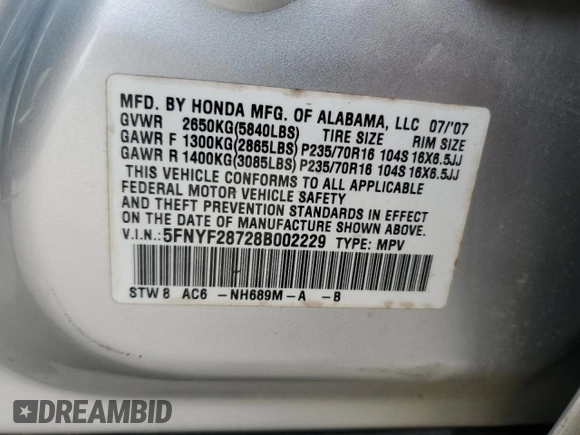 2008 Honda Pilot EX-L with VIN 5FNYF28728B002229, listed as a Copart auction lot 44395995 with Not Provided miles and Salvage Title. Bid and sale history available at DreamBid. Image 16.