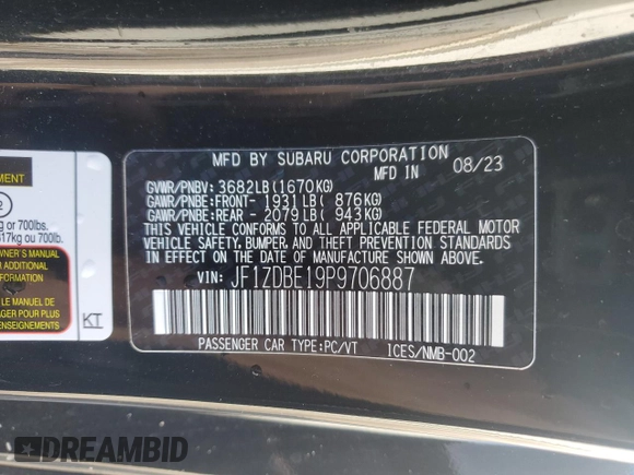 2023 Subaru BRZ Limited with VIN JF1ZDBE19P9706887, listed as a Copart auction lot 49705645 with Not Provided miles and Salvage Title. Bid and sale history available at DreamBid. Image 12.