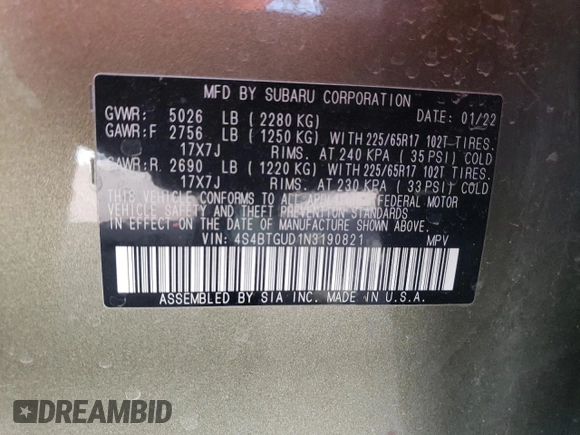 2022 Subaru Outback Wilderness with VIN 4S4BTGUD1N3190821, listed as a Copart auction lot 50835065 with 43,257 mi miles and Salvage Title. Bid and sale history available at DreamBid. Image 15.