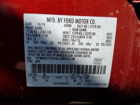 2020 Ford Explorer XLT with VIN 1FMSK7DH2LGB12138, listed as a Copart auction lot 50535325 with 38,299 mi miles and Salvage Title. Bid and sale history available at carsss.com. Image 13.