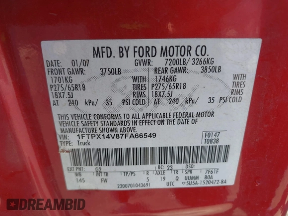 2007 Ford F-150 XLT with VIN 1FTPX14V87FA66549, listed as a IAAI auction lot 41764504 with 1 mi miles. Bid and sale history available at carsss.com. Image 9.