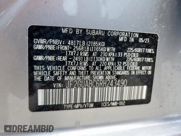 2024 Subaru Crosstrek z VIN JF2GUABC6RH243490, wystawiony jako Copart lot #57110855 z przebiegiem 15 415 mil mil oraz Szkoda całkowita • Salvage title. Historia ofert i sprzedaży dostępna na DreamBid. Obrazek 13.