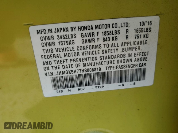 2017 Honda Fit EX with VIN JHMGK5H77HS006819, listed as a Copart auction lot 62940905 with Not provided miles and Salvage title. Bid and sale history available at DreamBid. Image 12.