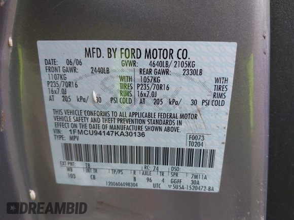 2007 Ford Escape Limited with VIN 1FMCU94147KA30136, listed as a IAAI auction lot 41896592 with 196,340 mi miles. Bid and sale history available at carsss.com. Image 9.