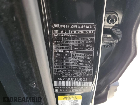 2016 Land Rover Range Rover Evoque SE with VIN SALVP2BG2GH086052, listed as a Copart auction lot 60237055 with 112,740 mi miles and Salvage title. Bid and sale history available at DreamBid. Image 13.