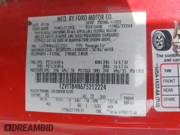 2007 Ford Mustang Deluxe с VIN 1ZVFT84N675212224, выставлен на аукционе IAAI как лот 42410643 с пробегом Не указан миль и . История ставок и продаж доступна на DreamBid. Изображение 9.