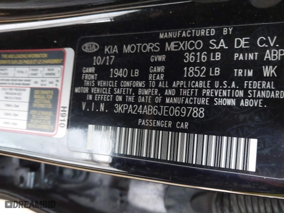 2018 Kia Rio S with VIN 3KPA24AB6JE069788, listed as a IAAI auction lot 41382484 with 1 mi miles. Bid and sale history available at carsss.com. Image 9.