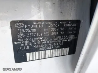 2008 Hyundai Elantra GLS with VIN KMHDU46D28U444715, listed as a IAAI auction lot 41763152 with 137,760 mi miles. Bid and sale history available at carsss.com. Image 9.