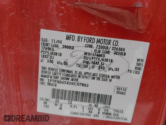 2005 Ford F-150 XLT с VIN 1FTPX045X5KC07863, выставлен на аукционе Copart как лот 41750185 с пробегом 181 401 миль миль и Чистый • Clean title. История ставок и продаж доступна на DreamBid. Изображение 12.