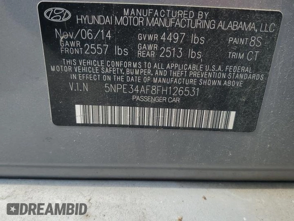 2015 Hyundai Sonata Sport with VIN 5NPE34AF8FH126531, listed as a Copart auction lot 56660495 with 132,099 mi miles and Salvage title. Bid and sale history available at DreamBid. Image 12.