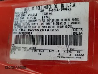 1994 Ford Mustang с VIN 1FALP42D9RF190235, выставлен на аукционе Copart как лот 59767354 с пробегом 63 585 миль миль и Списание • Salvage title. История ставок и продаж доступна на DreamBid. Изображение 12.