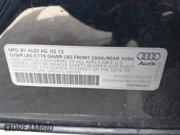 2012 Audi A8 with VIN WAUAVAFD8CN029546, listed as a IAAI auction lot 42216382 with 144,989 mi miles and . Bid and sale history available at DreamBid. Image 9.