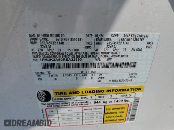 2024 Ford Expedition Max Limited with VIN 1FMJK2A80REA32893, listed as a Copart auction lot 62493855 with 32,254 mi miles and Non repairable. Bid and sale history available at DreamBid. Image 13.