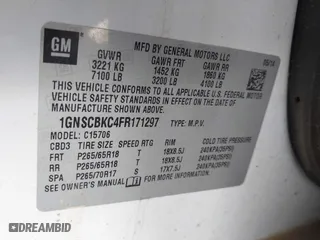2015 Chevrolet Tahoe LT with VIN 1GNSCBKC4FR171297, listed as a IAAI auction lot 42017924 with 230,165 mi miles. Bid and sale history available at carsss.com. Image 9.