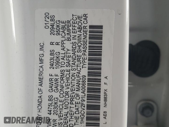2020 Honda Accord Touring z VIN 1HGCV2F91LA006809, wystawiony jako Copart lot #58009285 z przebiegiem 56 779 mil mil oraz Szkoda całkowita • Salvage title. Historia ofert i sprzedaży dostępna na DreamBid. Obrazek 12.
