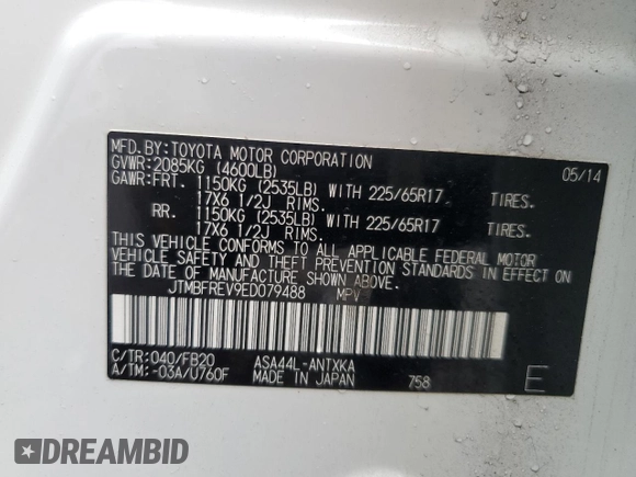 2014 Toyota RAV4 LE with VIN JTMBFREV9ED079488, listed as a Copart auction lot 52695515 with 106,097 mi miles and Salvage Title. Bid and sale history available at DreamBid. Image 15.