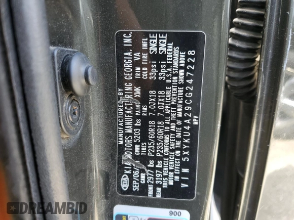 2012 Kia Sorento EX z VIN 5XYKU4A29CG247228, wystawiony jako Copart lot #55521865 z przebiegiem 149 036 mil mil oraz Szkoda całkowita • Salvage title. Historia ofert i sprzedaży dostępna na DreamBid. Obrazek 13.