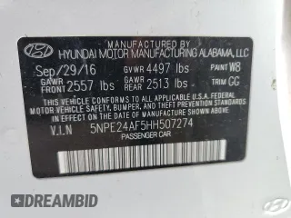 2017 Hyundai Sonata 2.4L with VIN 5NPE24AF5HH507274, listed as a Copart auction lot 53909645 with 150,149 mi miles and Clean Title. Bid and sale history available at carsss.com. Image 12.