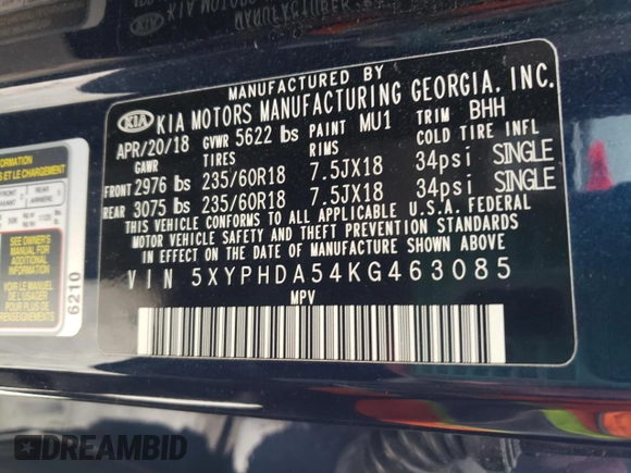 2019 Kia Sorento EX V6 with VIN 5XYPHDA54KG463085, listed as a Copart auction lot 53067765 with 74,929 mi miles and Salvage Title. Bid and sale history available at carsss.com. Image 13.
