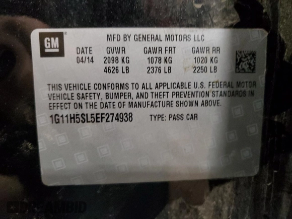 2014 Chevrolet Malibu LTZ with VIN 1G11H5SL5EF274938, listed as a Copart auction lot 87485534 with 185,134 mi miles and Clean Title. Bid and sale history available at DreamBid. Image 12.