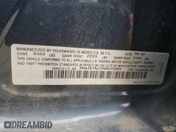2010 Volkswagen Jetta S z VIN 3VWJX7AJ7AM027269, wystawiony jako Copart lot #60443375 z przebiegiem Nie podano mil oraz Szkoda całkowita • Salvage title. Historia ofert i sprzedaży dostępna na DreamBid. Obrazek 12.
