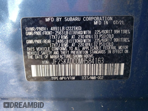 2021 Subaru Forester with VIN JF2SKADC0MH584163, listed as a Copart auction lot 62375425 with 58,286 mi miles and Salvage title. Bid and sale history available at DreamBid. Image 13.