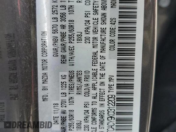 2019 Mazda CX-9 Touring with VIN JM3TCACY9K0312209, listed as a Copart auction lot 52210515 with 82,683 mi miles and Salvage title. Bid and sale history available at DreamBid. Image 13.