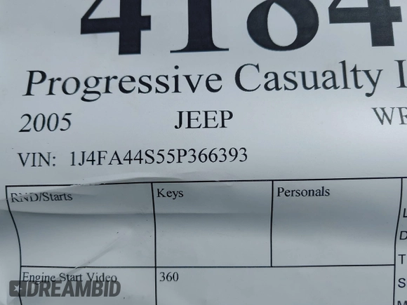 2005 Jeep Wrangler Unlimited with VIN 1J4FA44S55P366393, listed as a IAAI auction lot 41849008 with 0 mi miles. Bid and sale history available at carsss.com. Image 9.