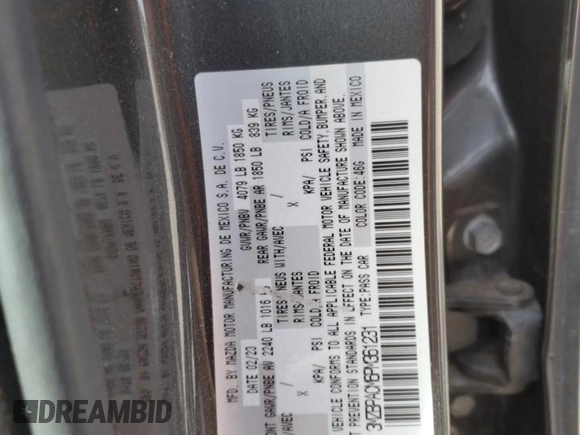 2023 Mazda 3 S Preferred with VIN 3MZBPACM6PM361231, listed as a Copart auction lot 48234015 with 47,247 mi miles and Salvage Title. Bid and sale history available at DreamBid. Image 14.