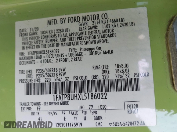 2020 Ford Mustang EcoBoost z VIN 1FATP8UHXL5186022, wystawiony jako IAAI lot #41395446 z przebiegiem 117 634 mil mil oraz . Historia ofert i sprzedaży dostępna na DreamBid. Obrazek 9.