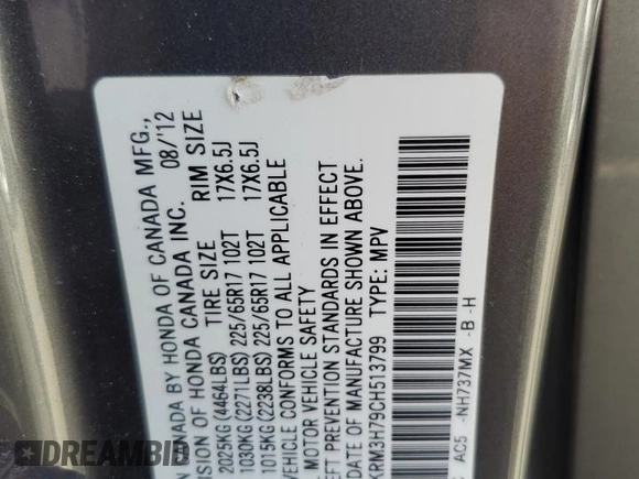 2012 Honda CR-V EX-L with VIN 2HKRM3H79CH513799, listed as a Copart auction lot 49715795 with 151,509 mi miles and Salvage Title. Bid and sale history available at carsss.com. Image 13.