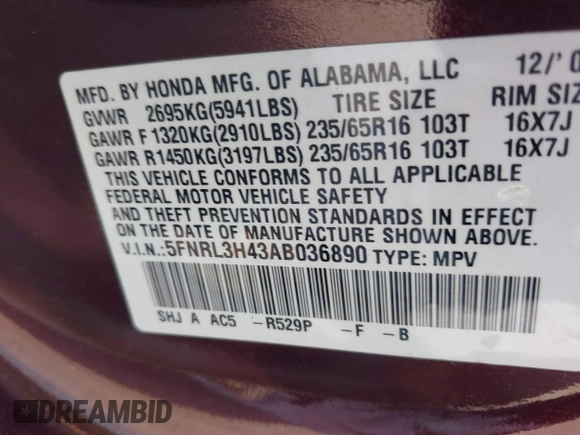 2010 Honda Odyssey EX with VIN 5FNRL3H43AB036890, listed as a IAAI auction lot 42492581 with 103,216 mi miles and . Bid and sale history available at DreamBid. Image 9.