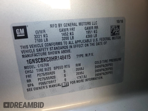 2017 Chevrolet Tahoe LT with VIN 1GNSCBKC8HR148415, listed as a Copart auction lot 52517745 with 149,182 mi miles and Salvage title. Bid and sale history available at DreamBid. Image 16.