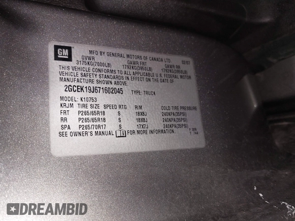 2007 Chevrolet Silverado 1500 1LT with VIN 2GCEK19J671602045, listed as a IAAI auction lot 41538984 with 221,265 mi miles and . Bid and sale history available at DreamBid. Image 9.