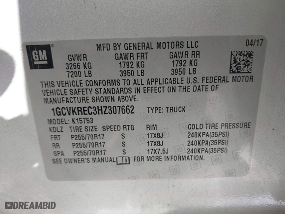 2017 Chevrolet Silverado 1500 LT with VIN 1GCVKREC3HZ307662, listed as a IAAI auction lot 41333606 with 172,896 mi miles. Bid and sale history available at carsss.com. Image 9.
