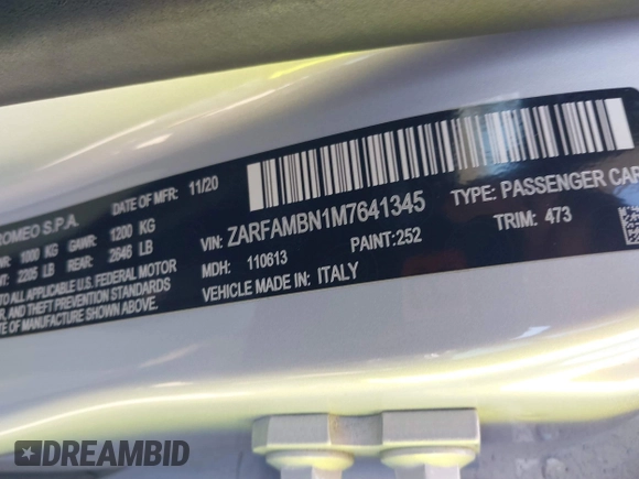 2021 Alfa Romeo Giulia Ti Sport with VIN ZARFAMBN1M7641345, listed as a IAAI auction lot 41856804 with 55,138 mi miles and . Bid and sale history available at DreamBid. Image 9.