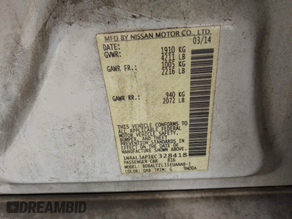 2014 Nissan Altima SV with VIN 1N4AL3AP1EC328418, listed as a IAAI auction lot 41800996 with 195,350 mi miles and . Bid and sale history available at DreamBid. Image 9.