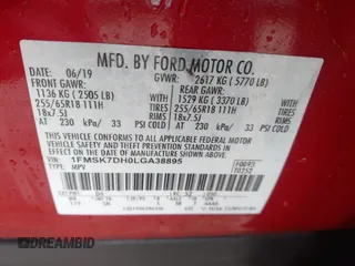 2020 Ford Explorer XLT with VIN 1FMSK7DH0LGA38895, listed as a IAAI auction lot 42159484 with 42,820 mi miles and . Bid and sale history available at DreamBid. Image 9.